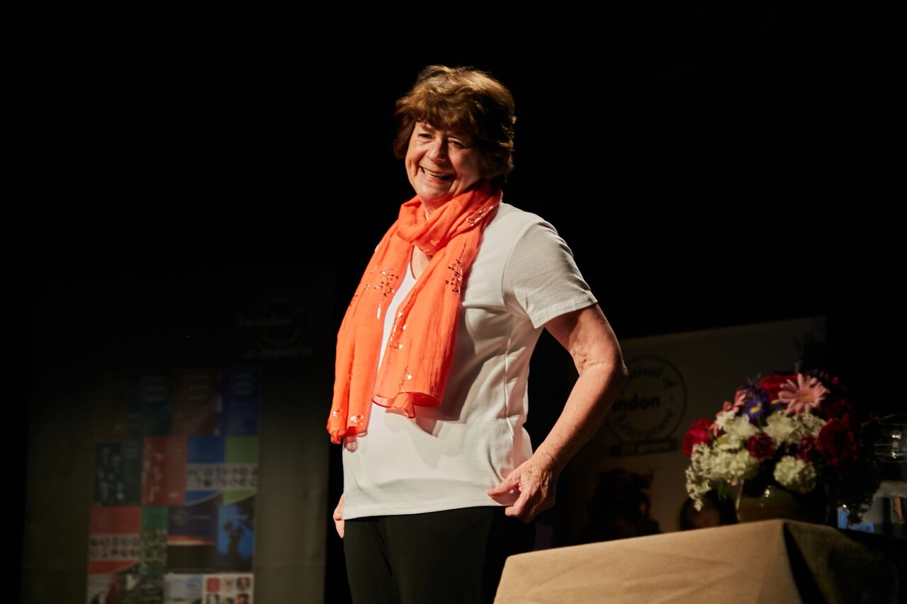 Pam Ayres recites 'But Don't Kiss Me' to Chronicler, Emma Smith 